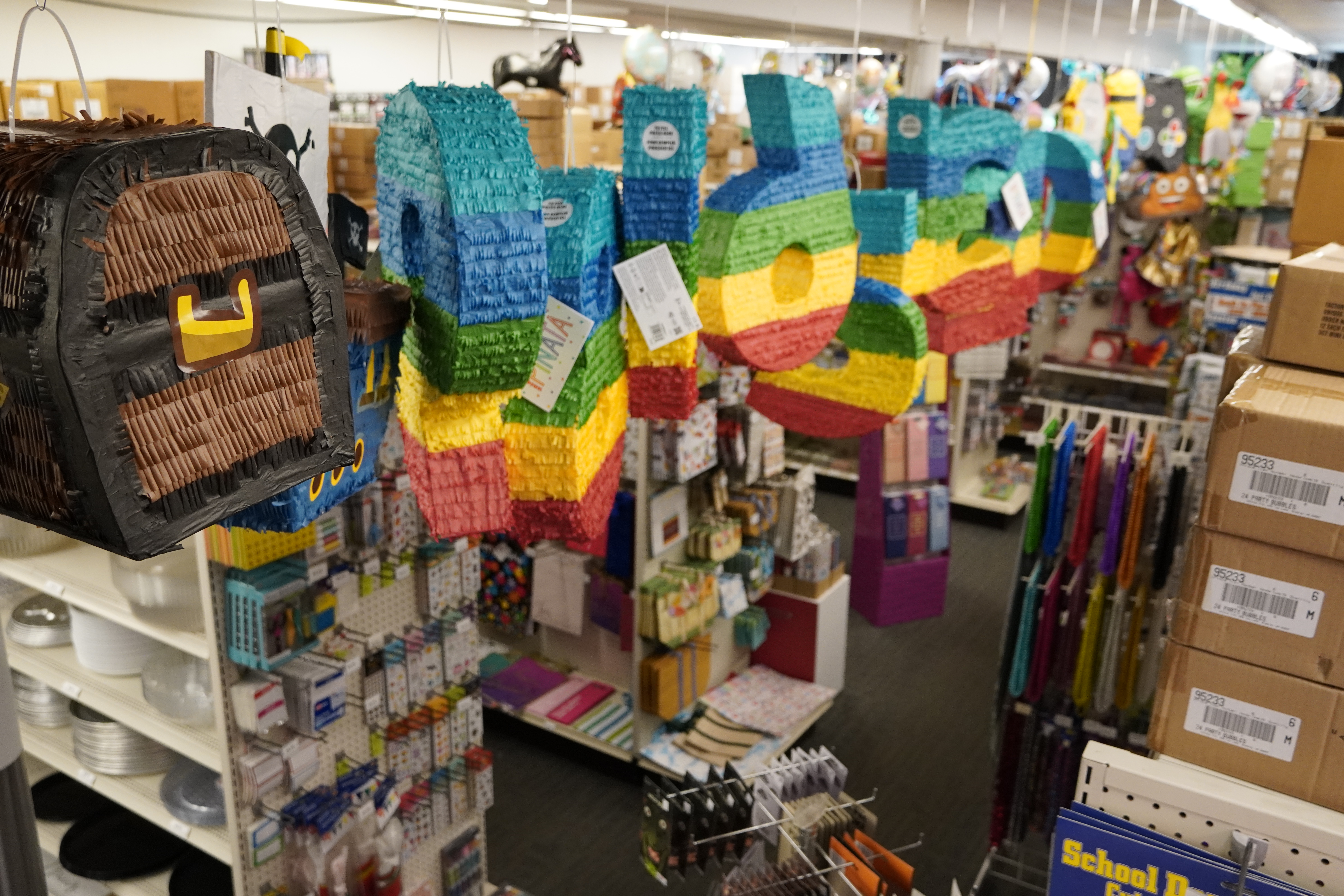 Paper goods and greeting card display at Brookside Party Warehouse.